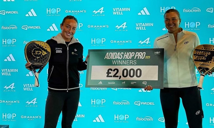 British padel stars Aimee Gibson and Catherine Rose with the  LTA Padel British Tour winners cheque