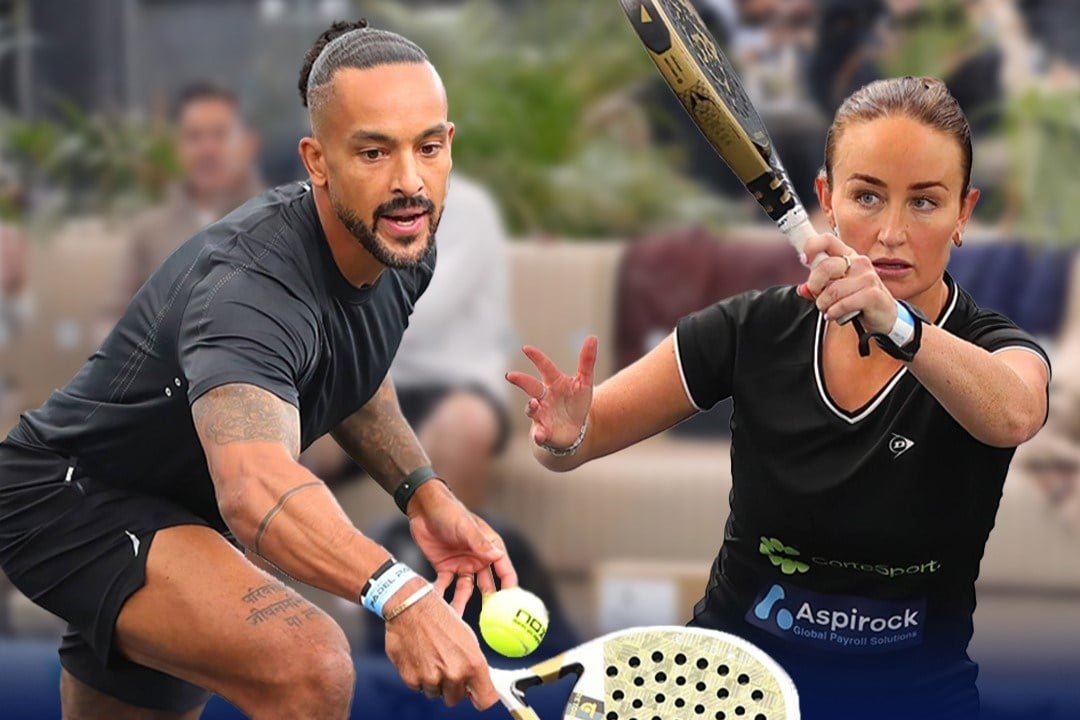 Theo Walcott and Aimee Gibson in action at the Pro-Am Padel Tour