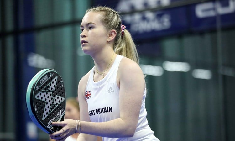 Tia Norton representing Great Britain at the European Padel Championships on court, ready to play a point