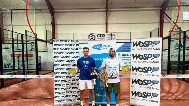 Francis Langan and Jorge Martinez Del Campo holding their winners trophy at West of Scotland Padel
