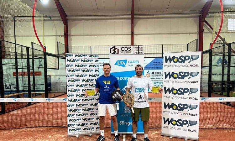 Francis Langan and Jorge Martinez Del Campo holding their winners trophy at West of Scotland Padel