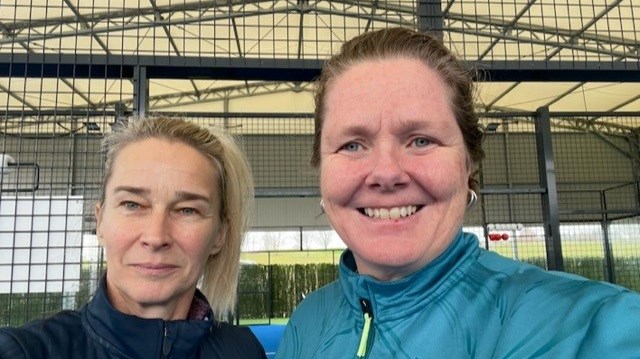 GB Seniors Padel players Victoria Davies and Helen Crook on court together