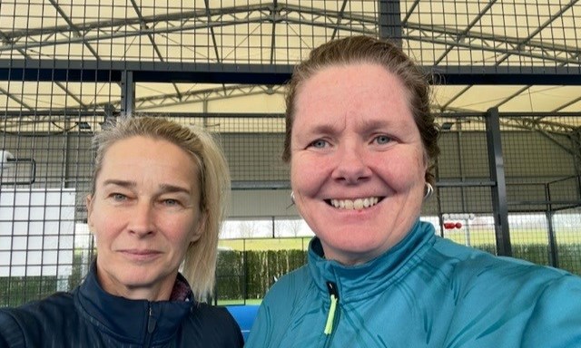 GB Seniors Padel players Victoria Davies and Helen Crook on court together
