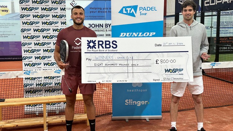 Brits Louie Harris & Karen Crawford pose with trophies at LTA Padel British Tour in Stevenson