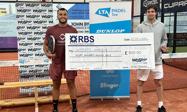 Brits Louie Harris & Karen Crawford pose with trophies at LTA Padel British Tour in Stevenson