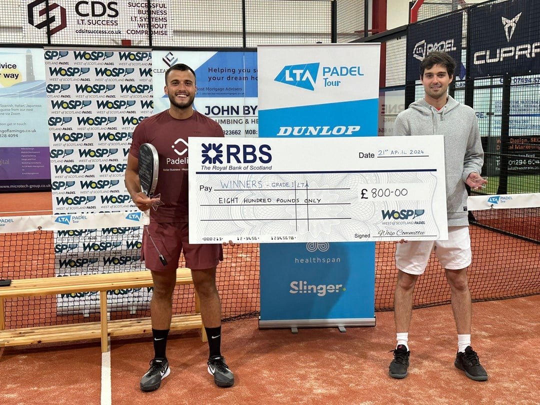 Brits Louie Harris & Karen Crawford pose with trophies at LTA Padel British Tour in Stevenson