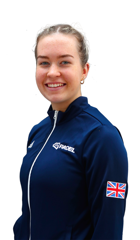 A side-on body shot of British padel player Tia Norton smiling