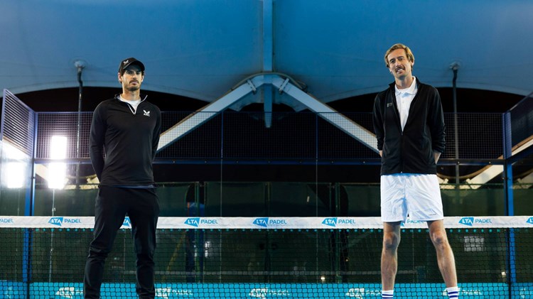 Andy Murray and Peter Crouch on court about to face off in a padel match for BBC's Children in Need
