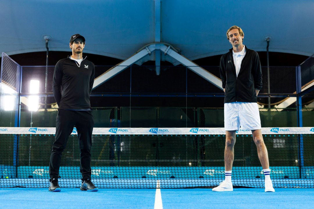 Andy Murray and Peter Crouch on court about to face off in a padel match for BBC's Children in Need