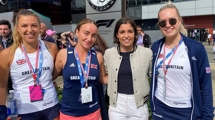 British padel stars Catherine Rose, Aimee Gibson and Tia Norton with racing driver Jamie Chadwick