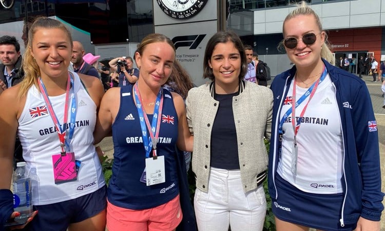 British padel stars Catherine Rose, Aimee Gibson and Tia Norton with racing driver Jamie Chadwick