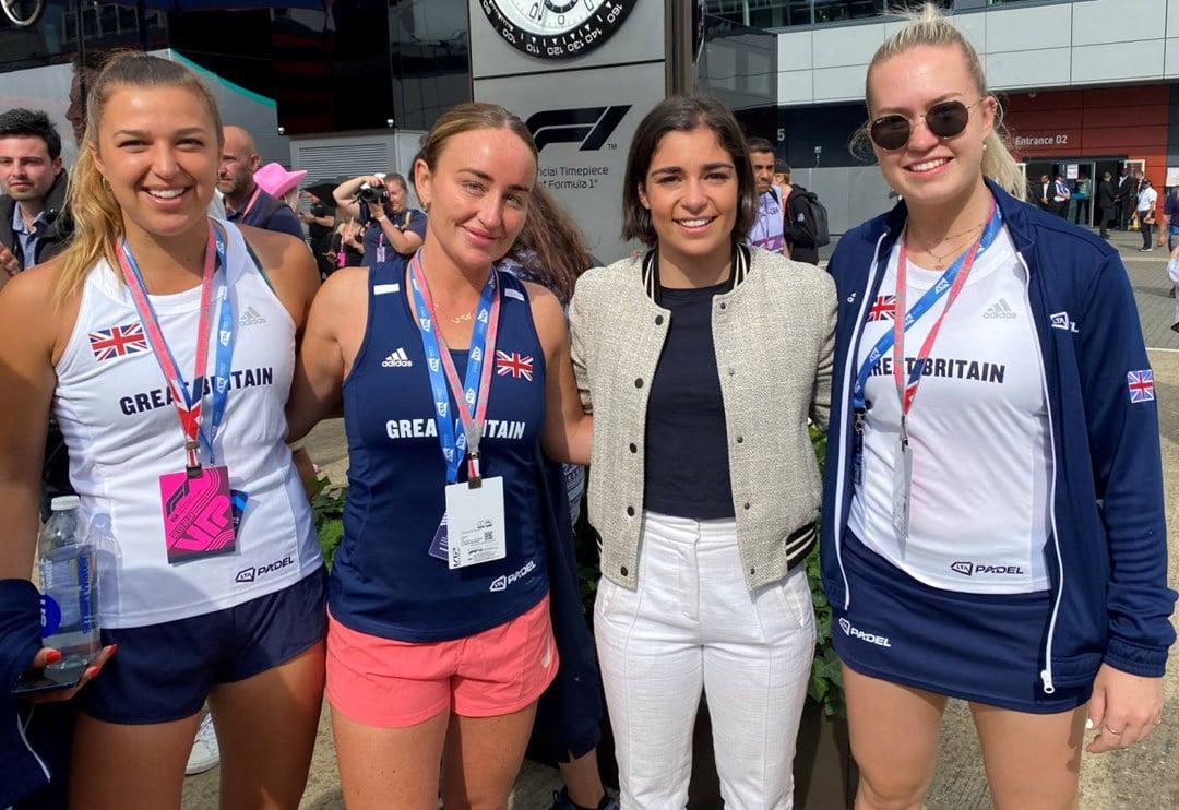 British padel stars Catherine Rose, Aimee Gibson and Tia Norton with racing driver Jamie Chadwick