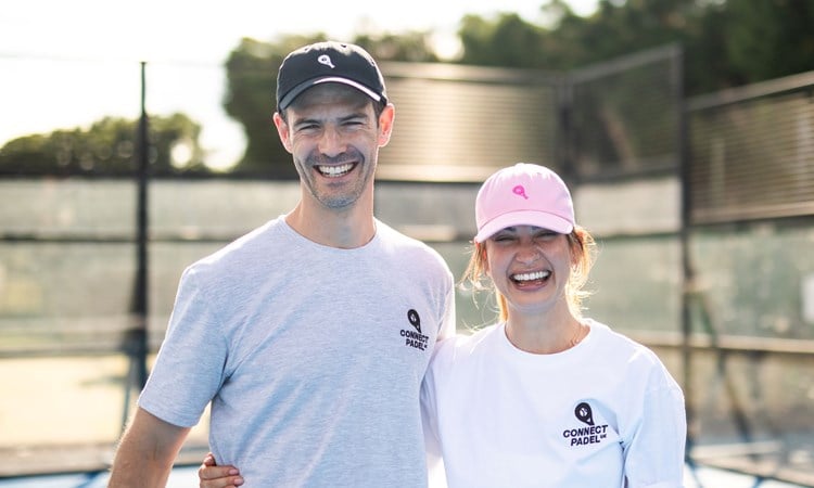 Connect Padel UK Founder, Charlie Thomson and Golden Globe-nominated actress Lily James (Charlie's sister) smiling together on a padel court