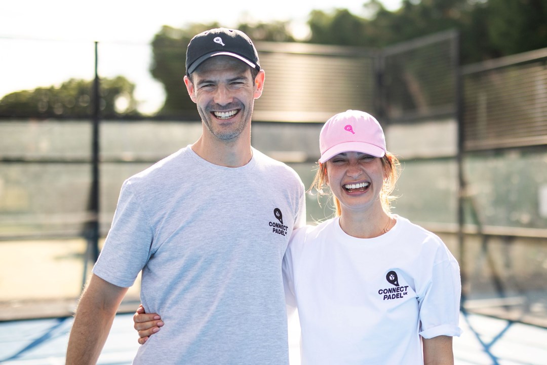 Connect Padel UK Founder, Charlie Thomson and Golden Globe-nominated actress Lily James (Charlie's sister) smiling together on a padel court