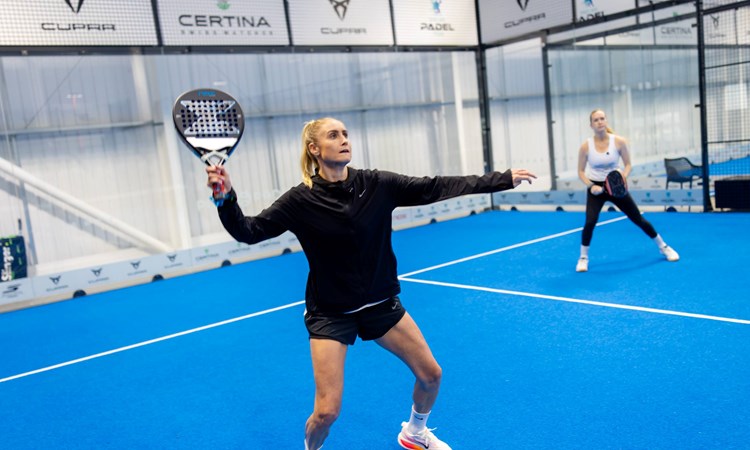 Former Lioness football player Steph Houghton preparing to hit a shot on court at the Pro Am Padel Tour event at Pure Padel Stockport