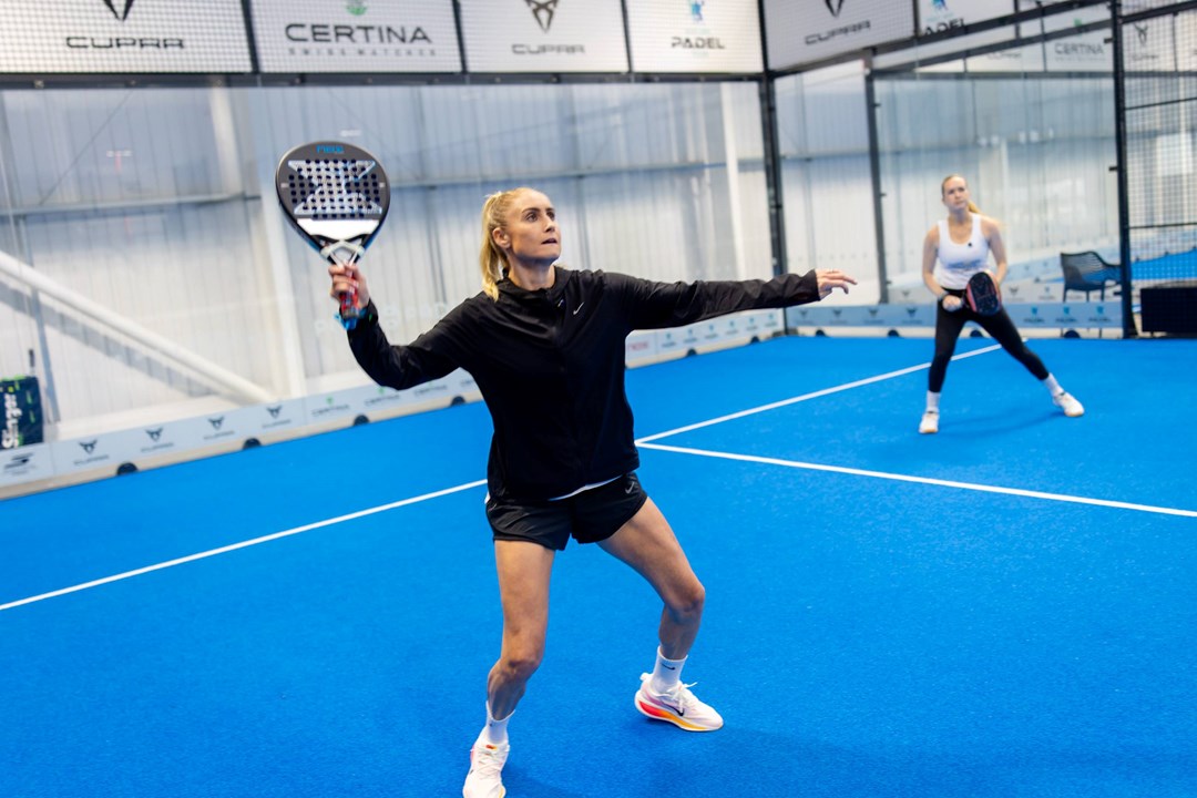 Former Lioness football player Steph Houghton preparing to hit a shot on court at the Pro Am Padel Tour event at Pure Padel Stockport