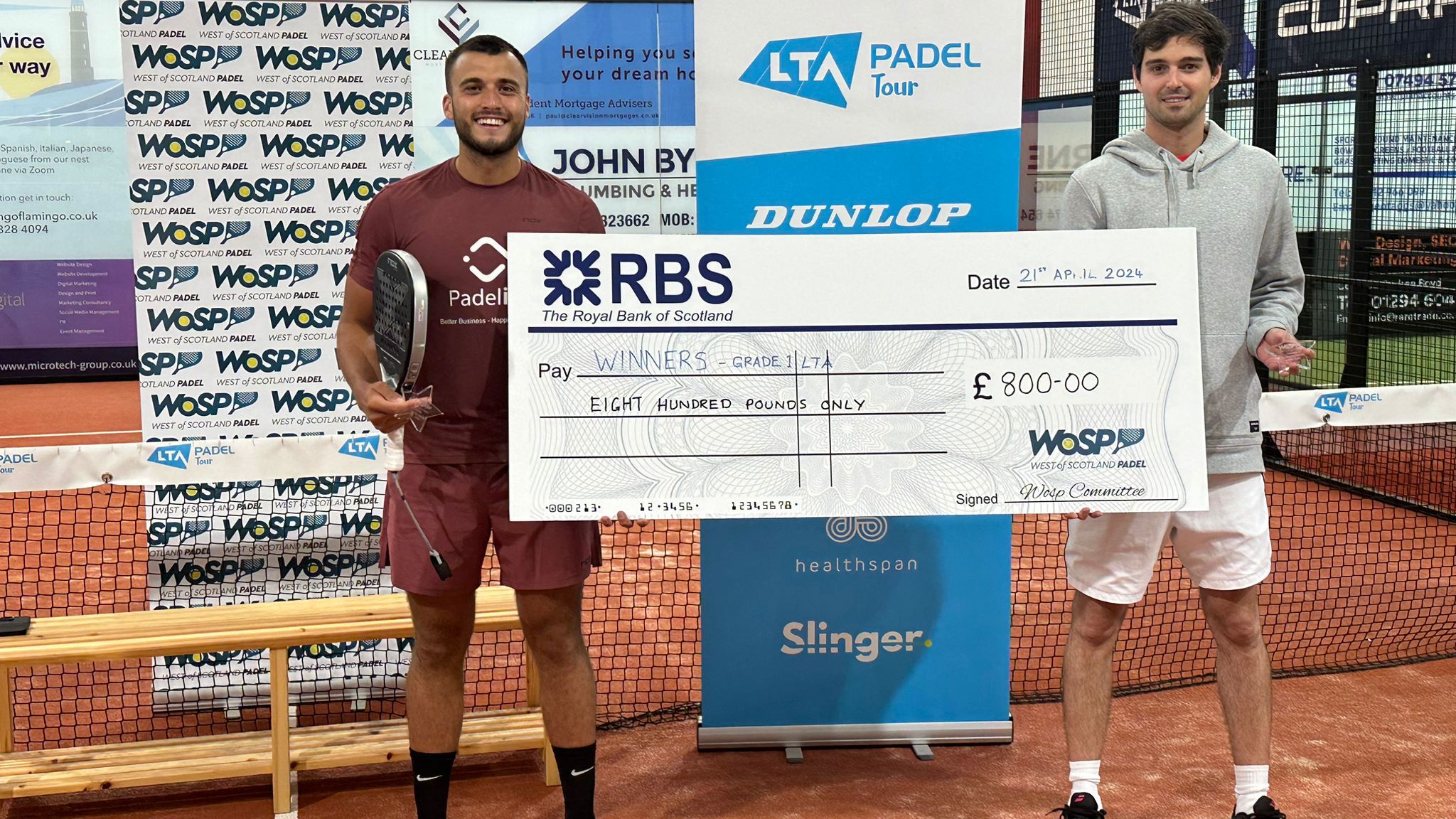 Brits Louie Harris & Karen Crawford pose with trophies at LTA Padel British Tour in Stevenson