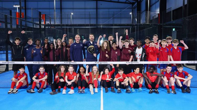 Jason Manford with a group of secondary school kids at an event at Pure Padel, Manchester