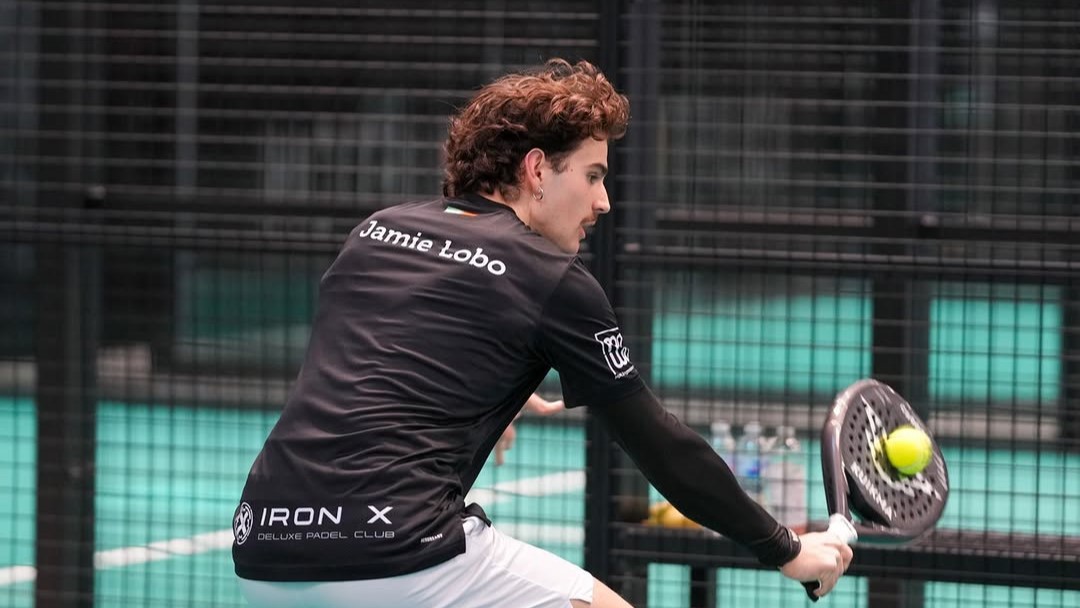 GB padel star Jamie Lobo hitting a backhand