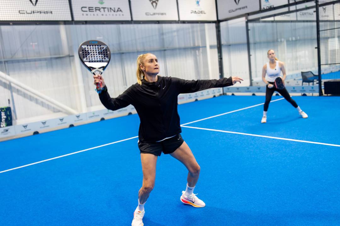 Former Lioness football player Steph Houghton preparing to hit a shot on court at the Pro Am Padel Tour event at Pure Padel Stockport