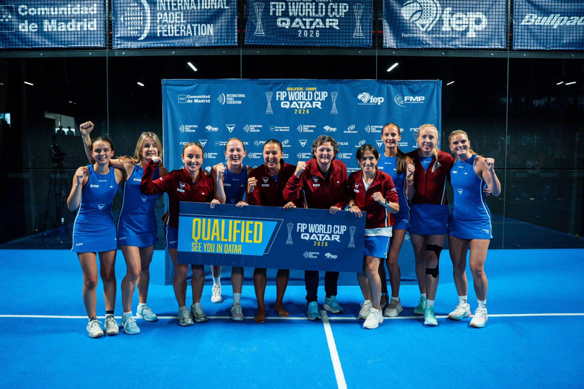 Great Britain's women's padel team celebrate qualifying for the FIP World Cup 2026